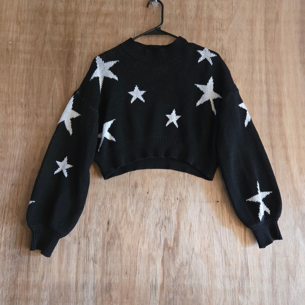 Celestial Black Star Print Cropped Knit Sweater Small Long Sleeve Crew Neck